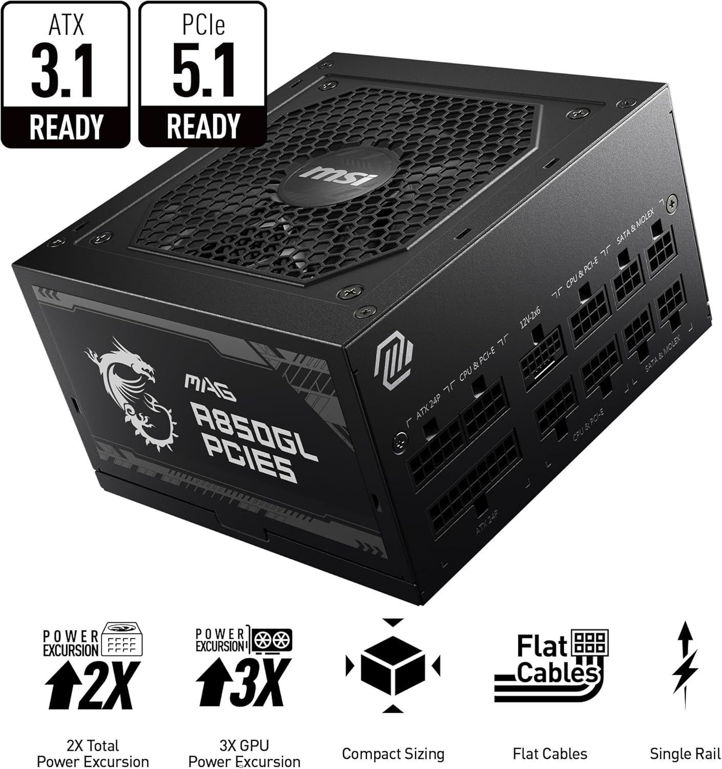 MSI MAG A850GL PCIE5, Fully Modular Compact Gaming 850W Power Supply, 80+ Gold, ATX 3.1 & PCIe 5.1 Ready, Native Dual-Color 12V-2x6 Cable, 10 Year Warranty - Image 2