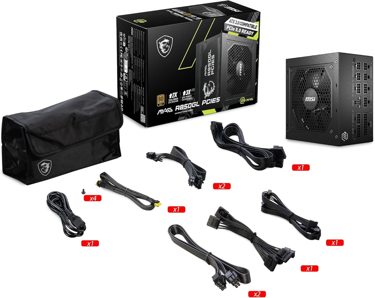 MSI MAG A850GL PCIE5, Fully Modular Compact Gaming 850W Power Supply, 80+ Gold, ATX 3.1 & PCIe 5.1 Ready, Native Dual-Color 12V-2x6 Cable, 10 Year Warranty - Image 11