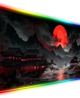RGB Japanese Dreamy Lakescape Full Moon Gaming Desk Mat, Computer Keyboard Large Extended Long LED Mouse Pad for Office and Home, XL (W07)