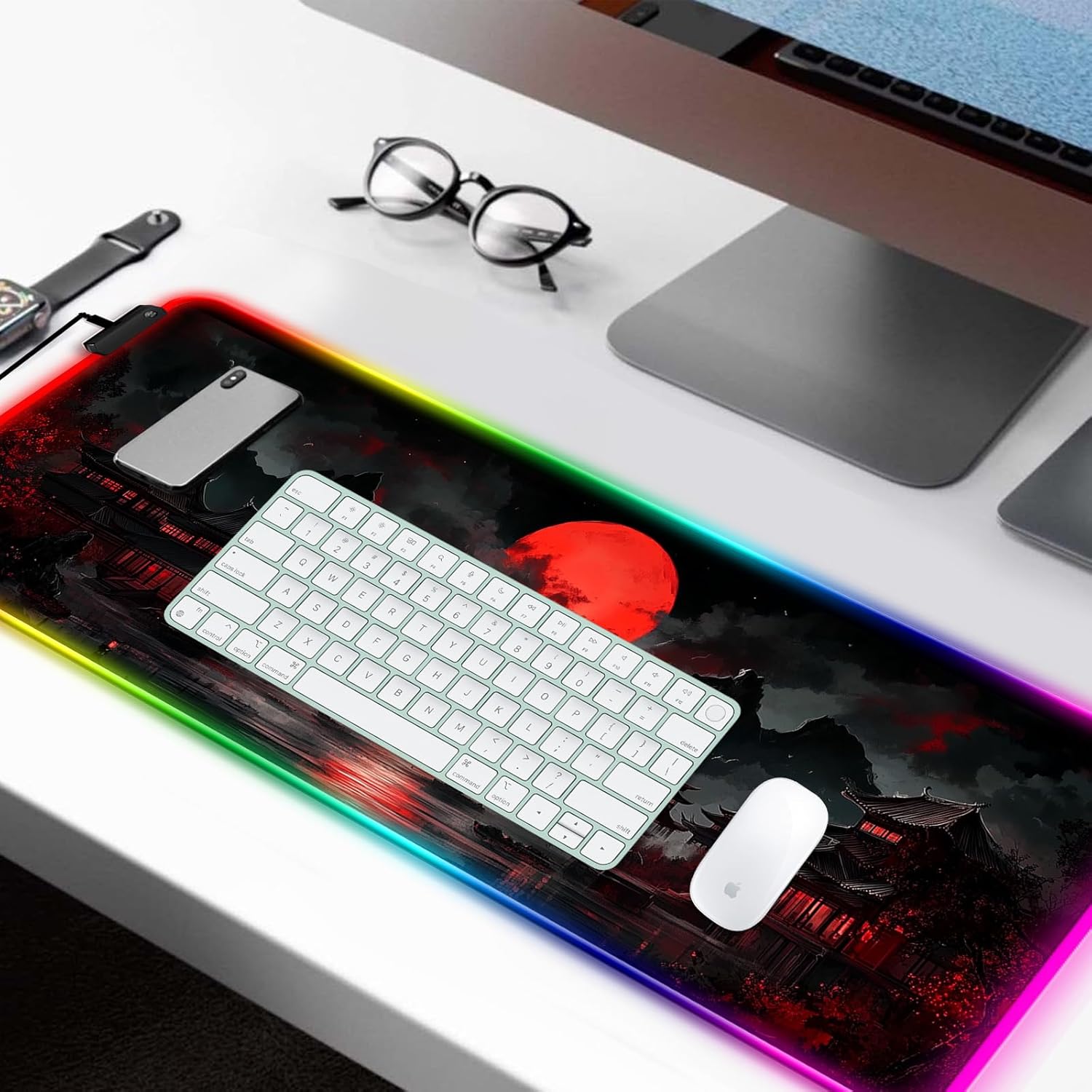 RGB Japanese Dreamy Lakescape Full Moon Gaming Desk Mat, Computer Keyboard Large Extended Long LED Mouse Pad for Office and Home, XL (W07) - Image 2