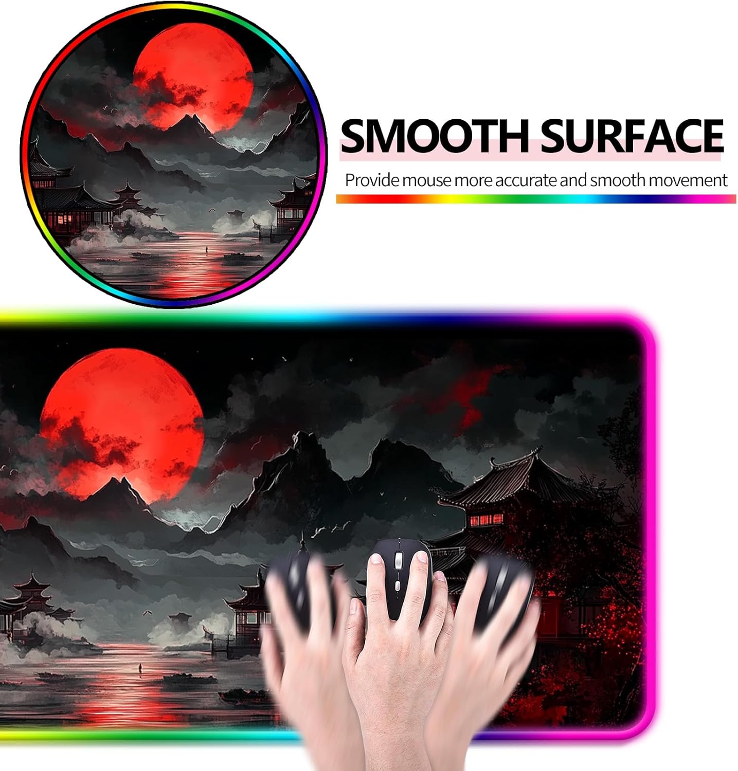 RGB Japanese Dreamy Lakescape Full Moon Gaming Desk Mat, Computer Keyboard Large Extended Long LED Mouse Pad for Office and Home, XL (W07) - Image 3