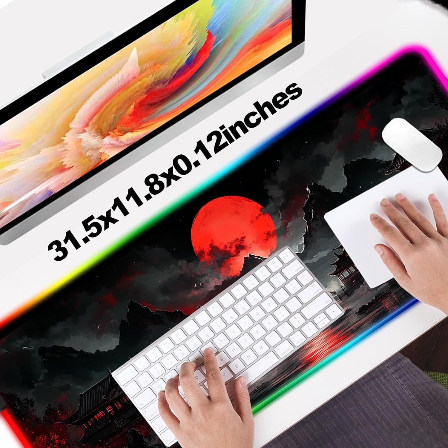 RGB Japanese Dreamy Lakescape Full Moon Gaming Desk Mat, Computer Keyboard Large Extended Long LED Mouse Pad for Office and Home, XL (W07) - Image 5