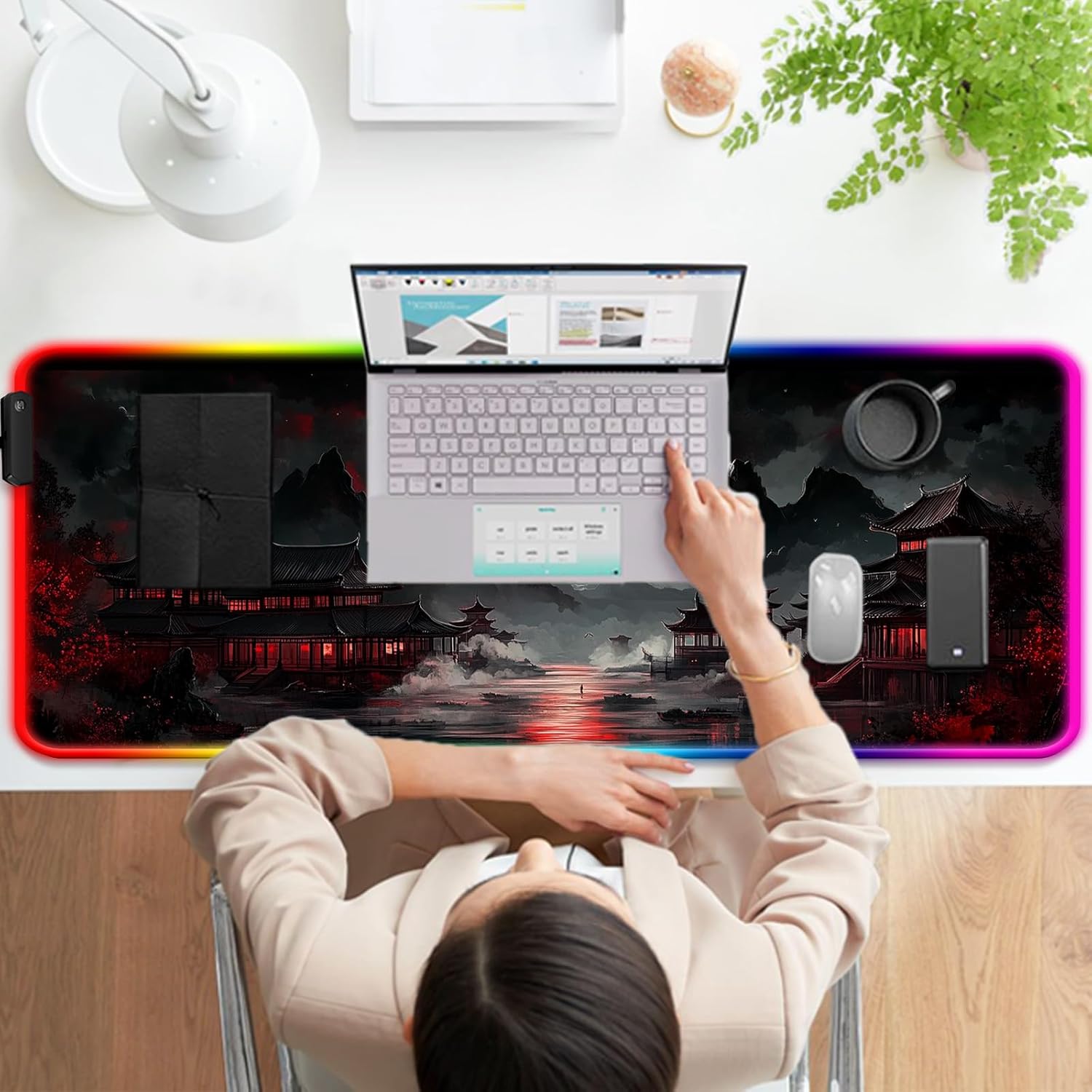 RGB Japanese Dreamy Lakescape Full Moon Gaming Desk Mat, Computer Keyboard Large Extended Long LED Mouse Pad for Office and Home, XL (W07) - Image 7